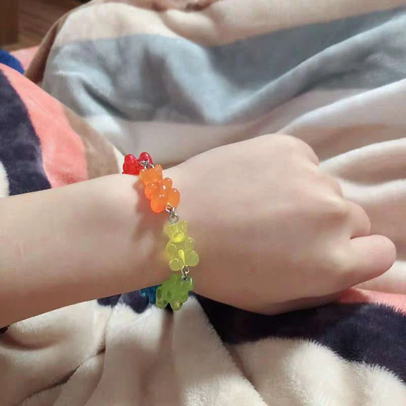 Kawaii Rainbow Candy Bear Bracelet 🍬🌈 - Colorful Hip Hop Jelly Accessory for Girls!
