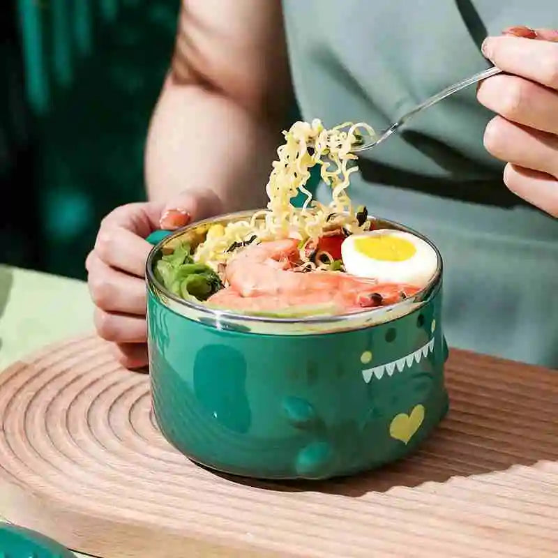 β¨ Dino Delight: Whimsical Stainless Steel Noodle Bowl with Lid ππ - Pixie Quill