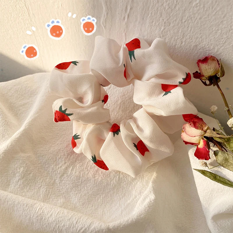Kawaii Strawberry Blossom Hair Scrunchies 🍓🌸 | Adorable Elastic Hair Ties for Girls & Women!