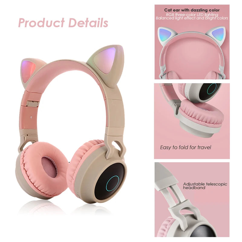 Kawaii Cat Ear Bluetooth Headphones π§π LED Light-Up Earphones with Mic for Girls & Kids - Perfect Gift! πβ¨