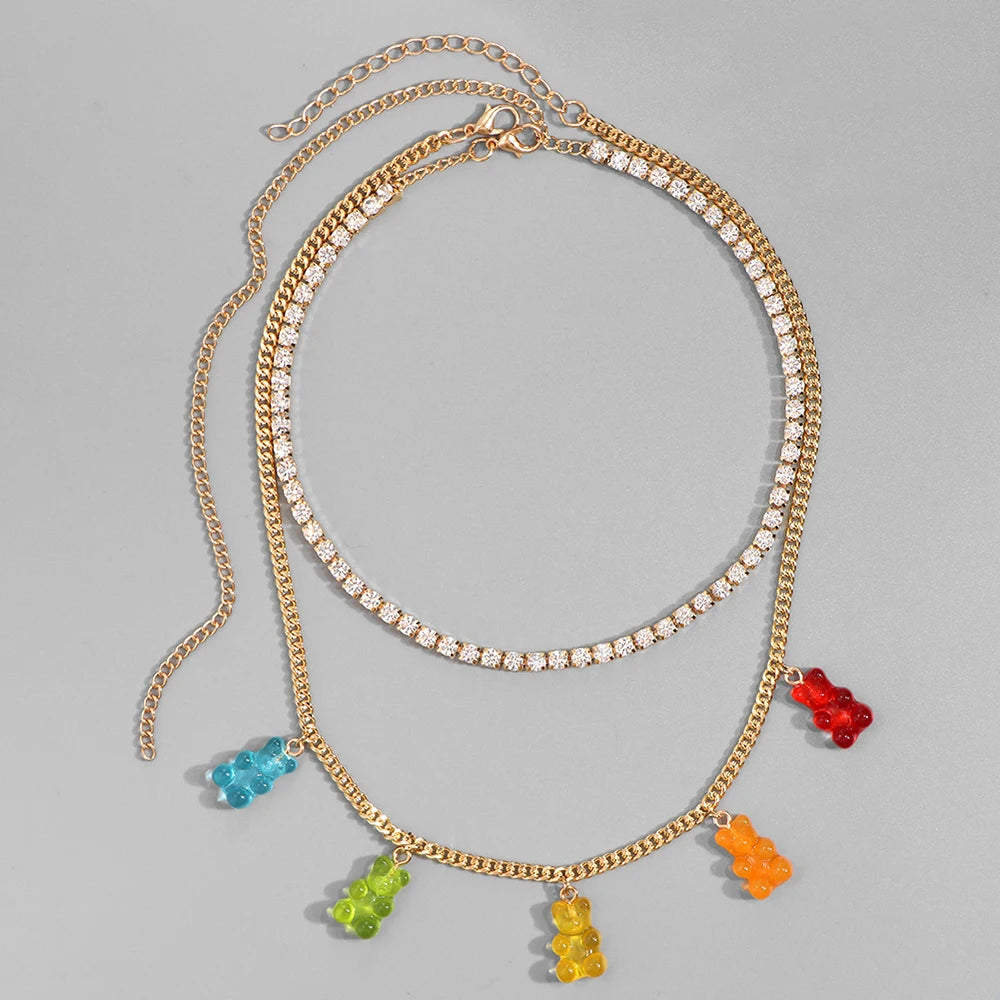 ✨Whimsical Gummy Bear Crystal Choker Necklace 🍬💖 - Adorable Multi-layered Clavicle Chain for Trendy Women!