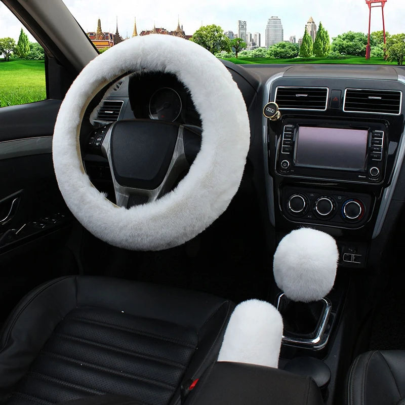 Cozy Kawaii Plush Rabbit Fur Steering Wheel Cover Set π°β¨ | Warm Winter Handbrake & Shift Sleeve | 38cm Universal Fit