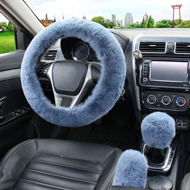 Cozy Kawaii Plush Rabbit Fur Steering Wheel Cover Set π°β¨ | Warm Winter Handbrake & Shift Sleeve | 38cm Universal Fit