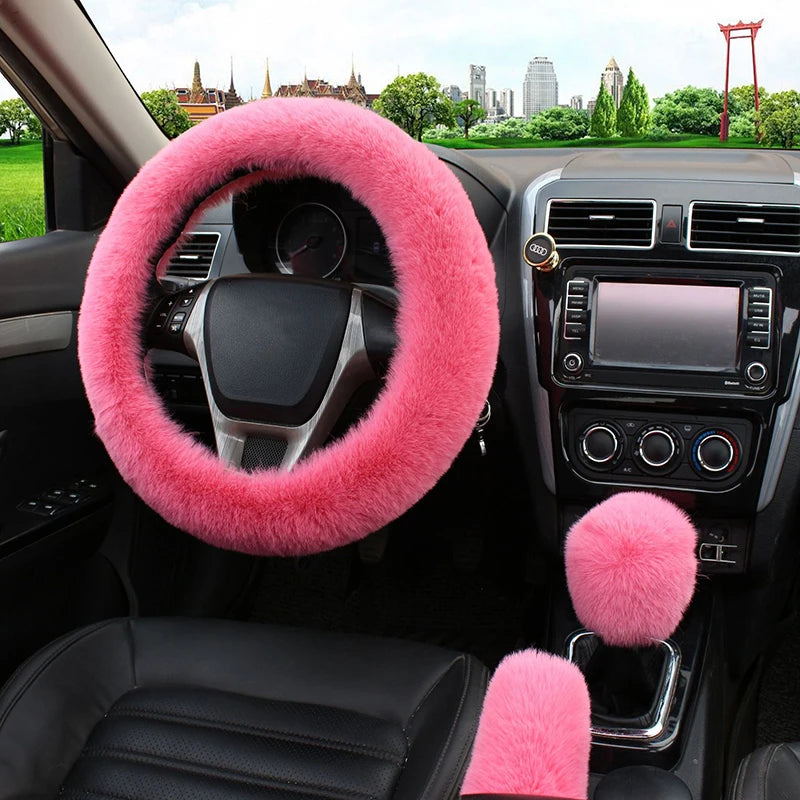 Cozy Kawaii Plush Rabbit Fur Steering Wheel Cover Set π°β¨ | Warm Winter Handbrake & Shift Sleeve | 38cm Universal Fit