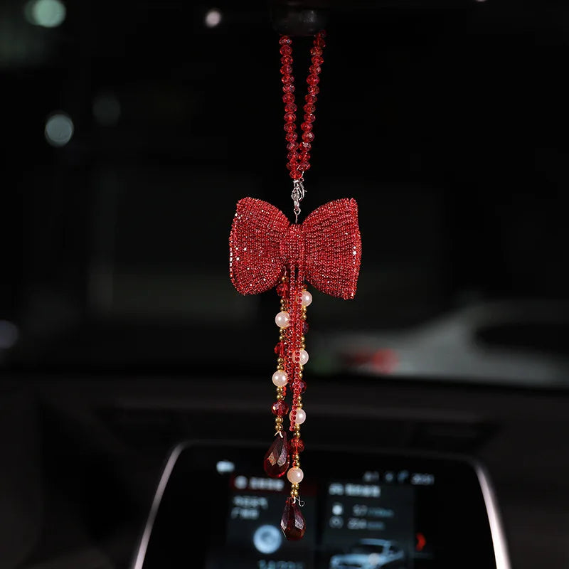 Kawaii Crystal Bowknot Car Charm β¨ Cute Rhinestone Tassel Pendant for Rearview Mirror π Adorable Womenβs Car Accessories π