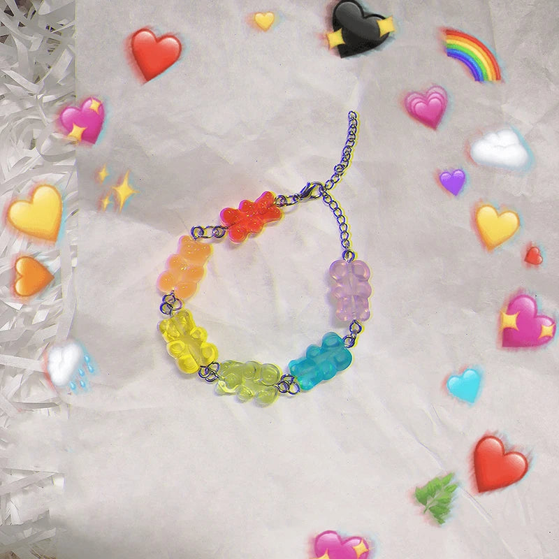 Kawaii Rainbow Candy Bear Bracelet 🍬🌈 - Colorful Hip Hop Jelly Accessory for Girls!