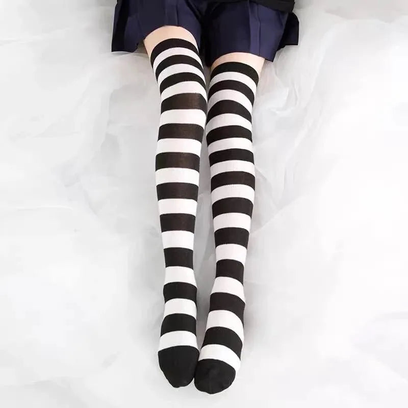 Kawaii Striped Knee High Stockings πβ¨ - Adorable Black, Pink & Blue Lolita Socks for Cosplay & School Girls! π§¦π