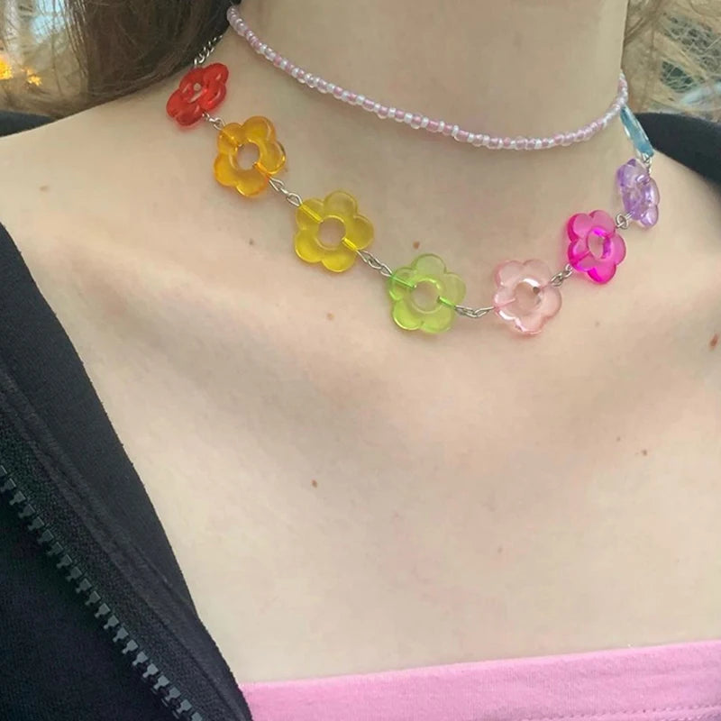 Kawaii Rainbow Flower Choker πΈβ¨ - Adorable Y2K Resin Necklace for Playful Styles! ππ