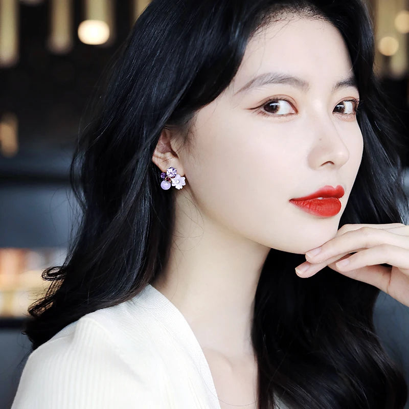 Kawaii Purple Flower Crystal Stud Earrings πΈβ¨ | Adorable Korean Fashion Jewelry for Elegant Weddings & Parties! π