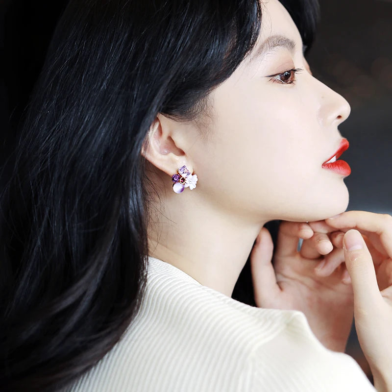 Kawaii Purple Flower Crystal Stud Earrings πΈβ¨ | Adorable Korean Fashion Jewelry for Elegant Weddings & Parties! π