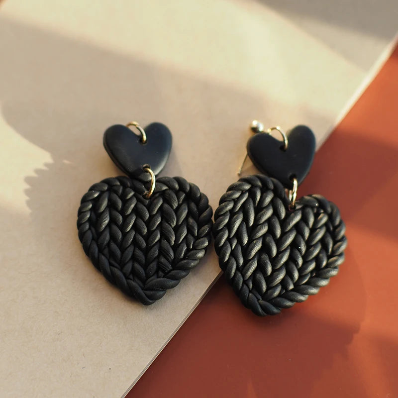 Heart Pattern Braided Polymer Clay Earrings Set ๐ Cute Dangle Jewelry For Women