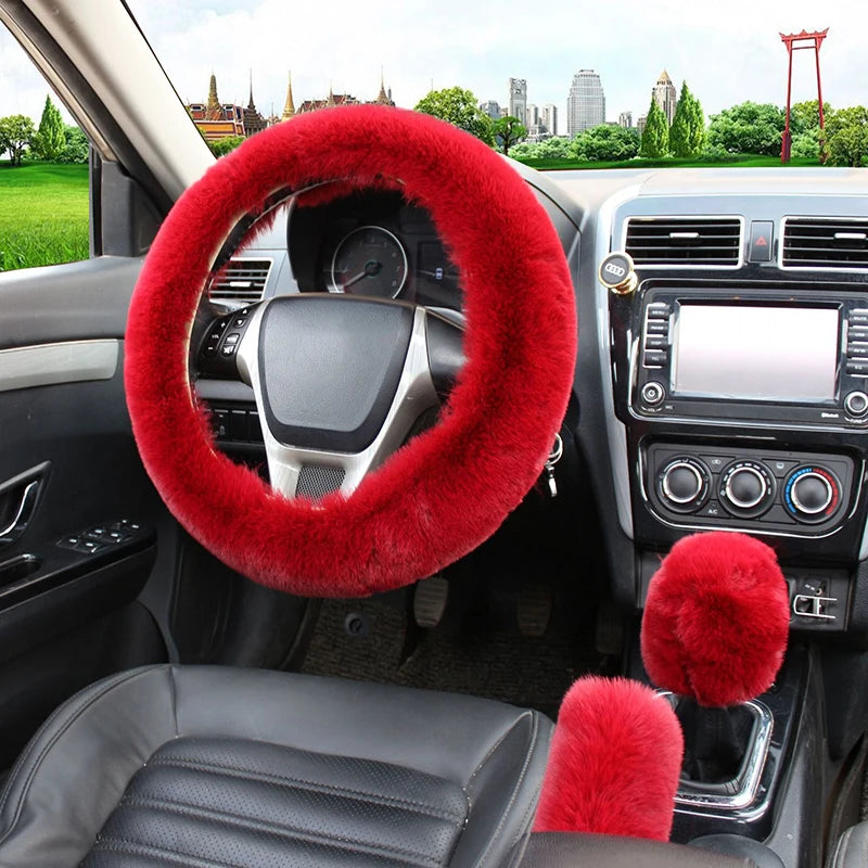 Cozy Kawaii Plush Rabbit Fur Steering Wheel Cover Set 🐰✨ | Warm Winter Handbrake & Shift Sleeve | 38cm Universal Fit