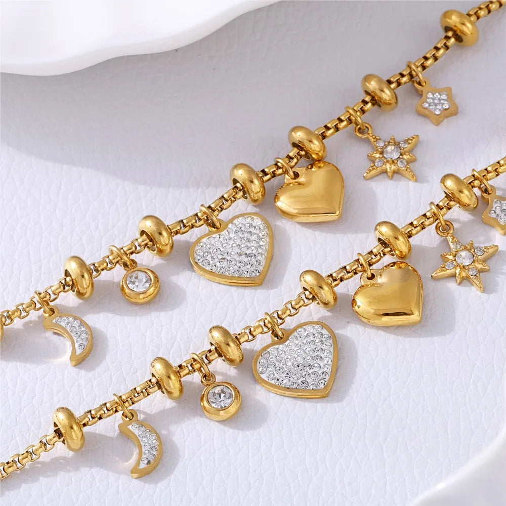 Kawaii 316L Stainless Steel Heart Charm Bracelet πβ¨ - 18k Gold-Plated with Sparkling Zircon Pendants! ππ