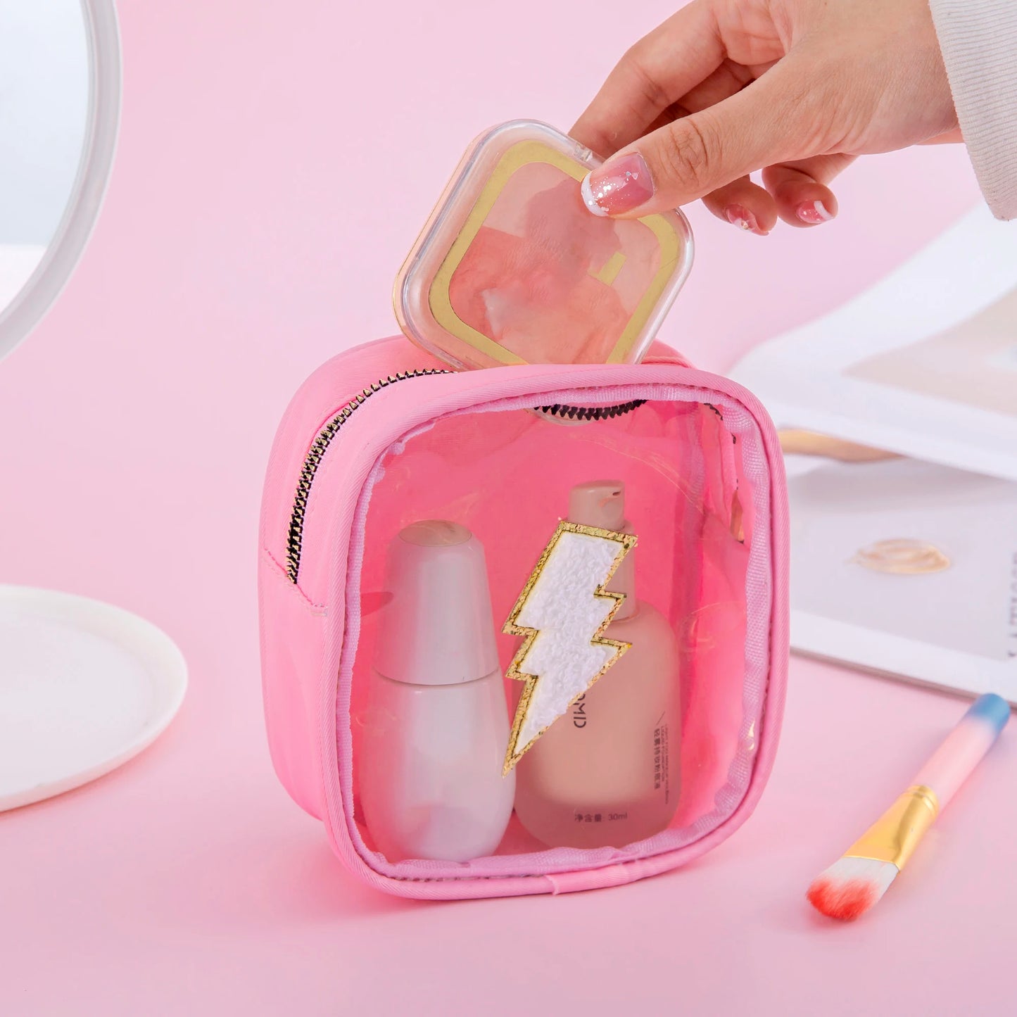 Kawaii Mini Clear PVC Makeup Pouch 🎀✨ - Adorable Waterproof Chenille Heart & Rainbow Travel Bag! 🌈✈️