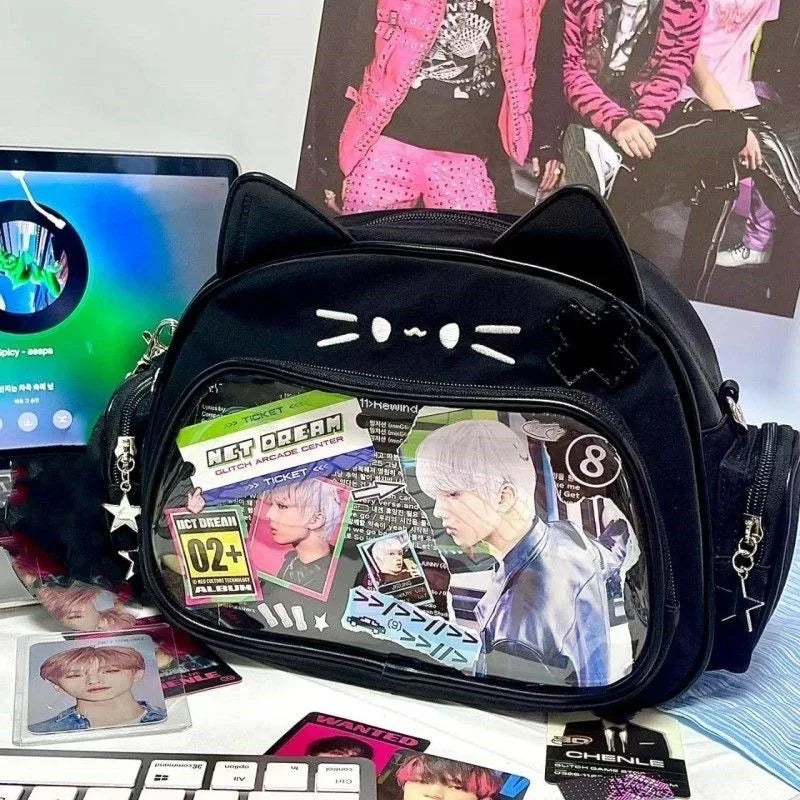 π Adorable Y2K Cat Ita Bag πΎ Cute PU Crossbody with Transparent Pocket! π Perfect for Girls! π - Pixie Quill