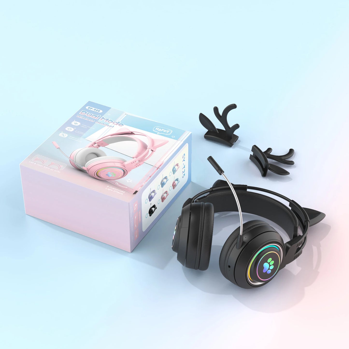 Kawaii Cat Ear Bluetooth Headphones π§β¨ - Cute Antlers Gaming Headset with RGB Lights for Kids πΎπ¦