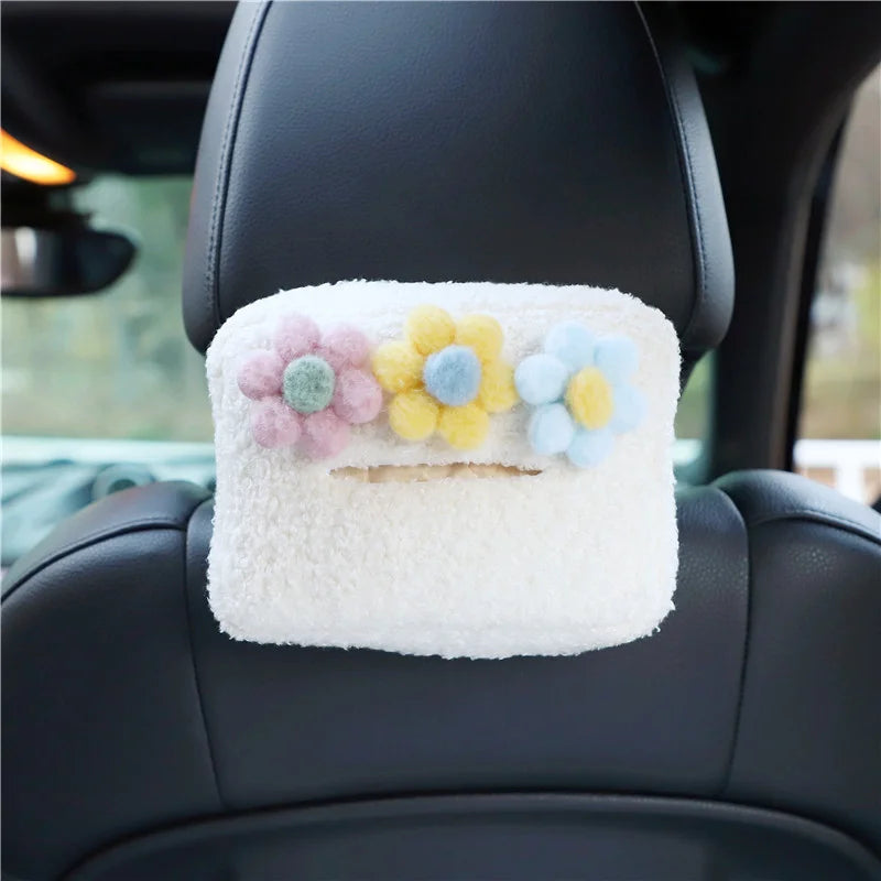 Kawaii Plush Flower Car Tissue Box πΈβ¨ Hanging Organizer for Visor - Adorable Auto Accessory! ππ