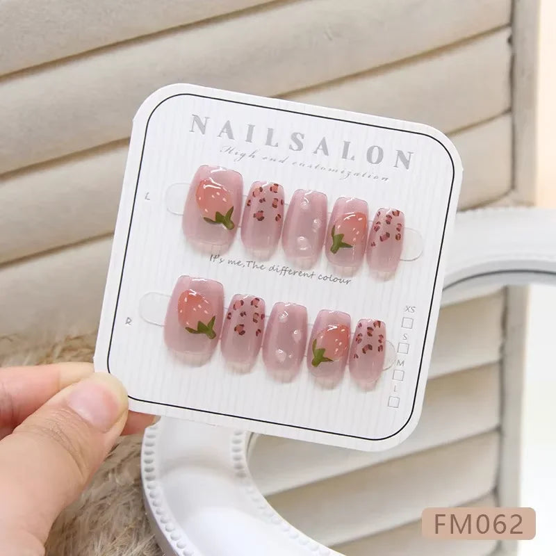 Kawaii Strawberry Dream πΈπ 10pcs Handmade Pink Coffin Press-On Nails - Sweet 5D Decor for Cute Manicures!