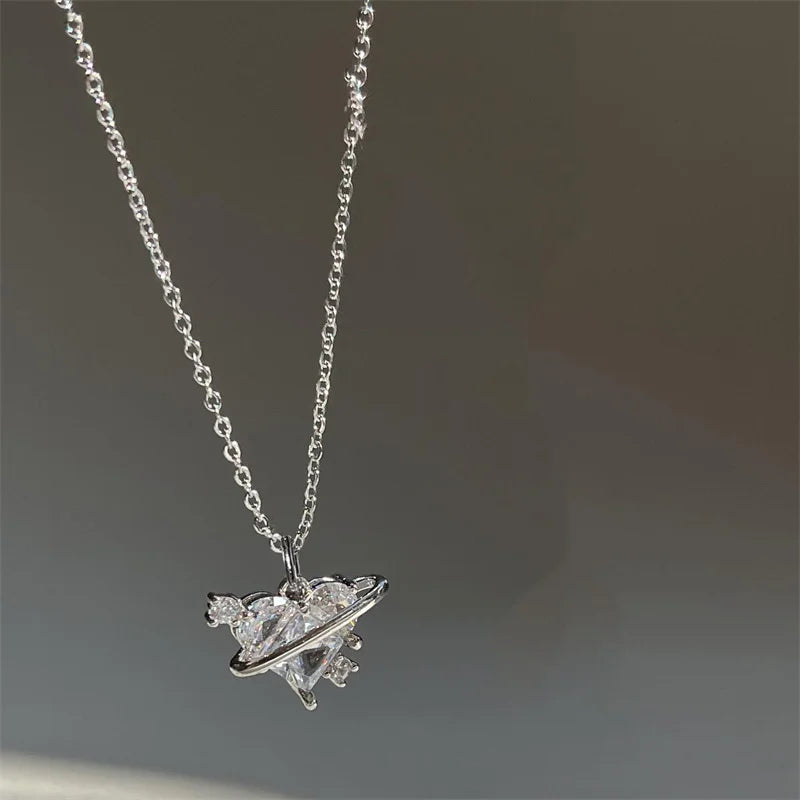 Kawaii Pink Planet Heart Zircon Pendant Necklace ππ | Trendy Clavicle Chain for Fashionable Women | Perfect Valentine's Day Gift πβ¨