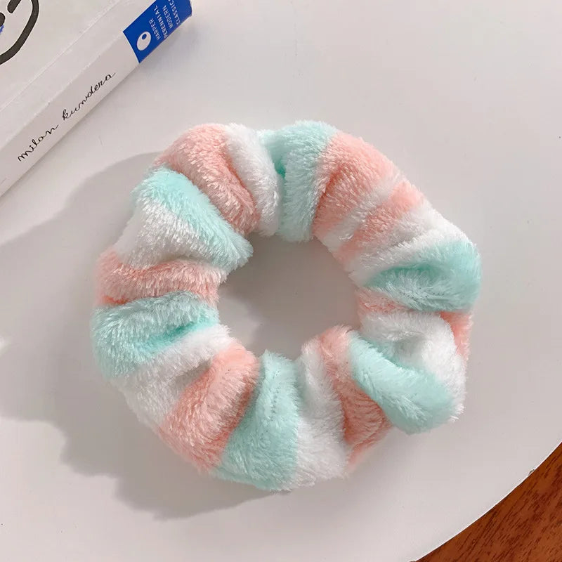 Kawaii Rainbow Fluffy Hair Scrunchies 🎀✨ | 4pcs Soft Towel Hair Bands for Girls & Women 🌈💕
