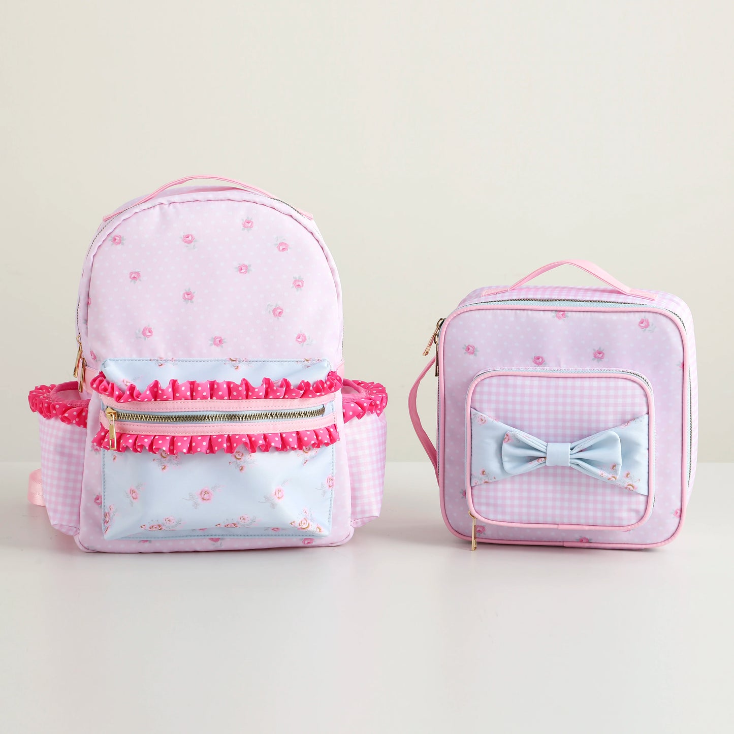 Kawaii Insulated Lunch Tote π±πΈ Cute Floral Canvas with Polka Dots & Blue Plaid Bow πΌπ Portable Zipper Bag with Handle