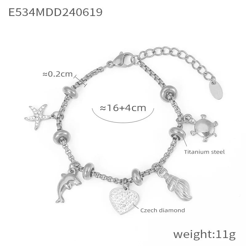 Kawaii Moon & Heart Stainless Steel Charm Bracelet 🌙💖 | Cute Luxury Jewelry Gift for Women 🎁✨