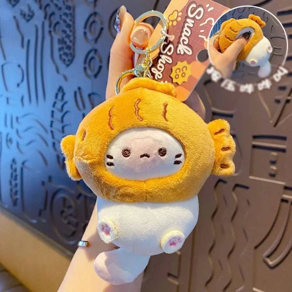 Kawaii Caramel Toast Cat Plush Keychain πΎπ - Adorable Taiyaki & Fried Shrimp Pendant for Food Lovers!