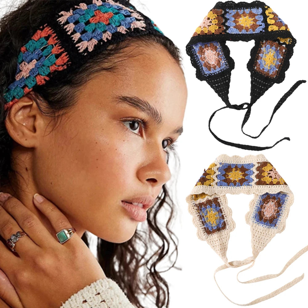 Kawaii Boho Flower Crochet Headband ๐ธโจ Vintage Turban Hair Scarf for Women - Fashionable Accessory for Every Season!