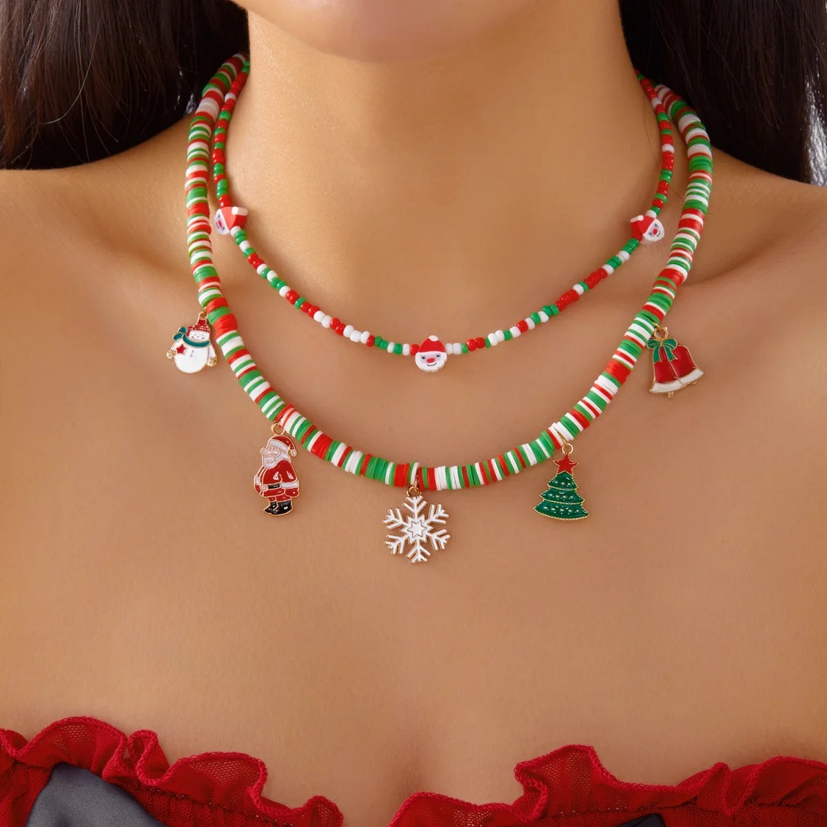 Christmas Snowflake Gingerbread Tree Pendant Necklace Unisex Beads Charm βοΈπ