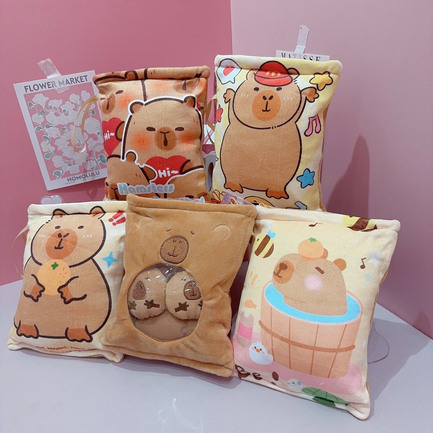 Adorable Kawaii Capybara Plush Snack Bag πΎπ - Cute & Soft Animal Bag with 4 Tiny Capybara Cubs!
