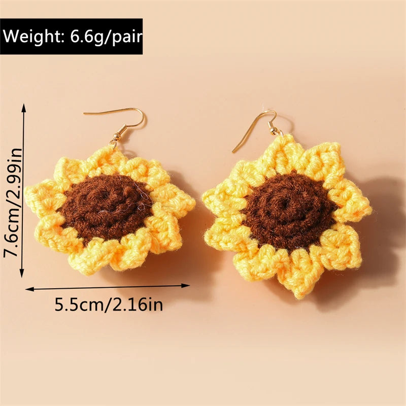 Kawaii Handmade Sunflower Drop Earrings ๐ผโจ | Cute Knitted Dangle Hooks for Party & Holiday Gifts ๐๐