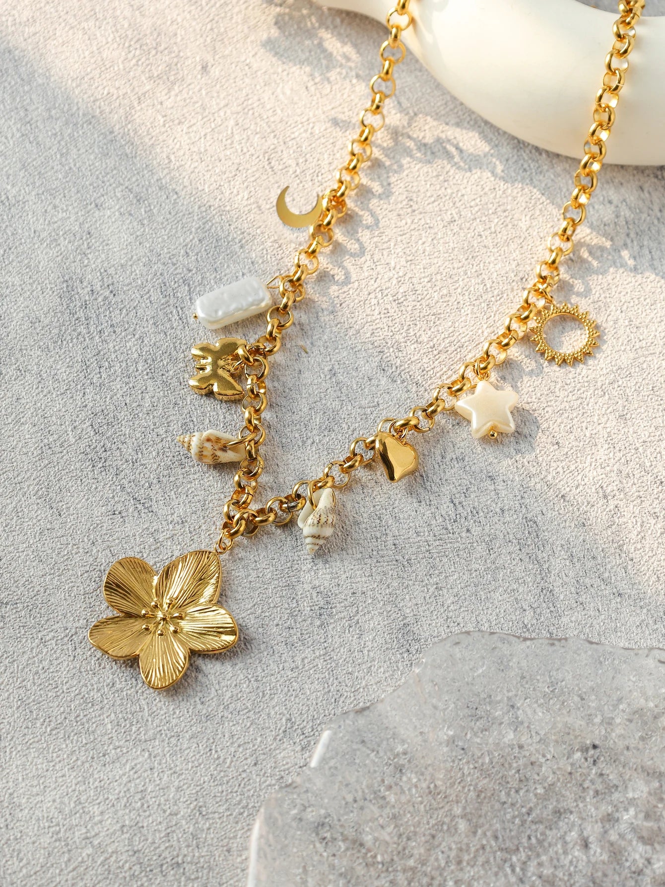 Star Butterfly Moon Flower Shell Pearl Pendant Necklace In Stainless Steel Gold Tone For Women Cute Gift ๐๐๐