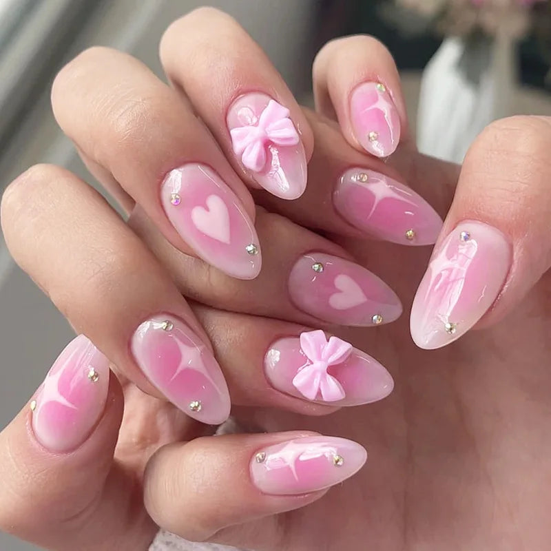 Kawaii 24Pcs Blush Pink Almond Press-On Nails πΈβ¨ with 3D Bow Knot Decor - Sweet Glossy Full Cover Tips for Creative Nail Art! ππ