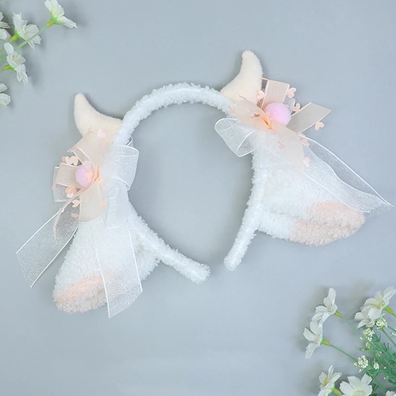 Lolita Headwear Sheep Ear Headband Girl Sweet Plush Hair Bands Sheep Horn Bows Decor Sheep Cosplay Sheep Ear Hair Hoop