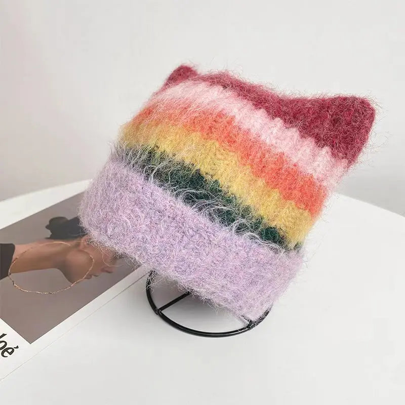 Kawaii Cat Ear Winter Beanie ๐พโจ Cozy Rainbow Knit for Women