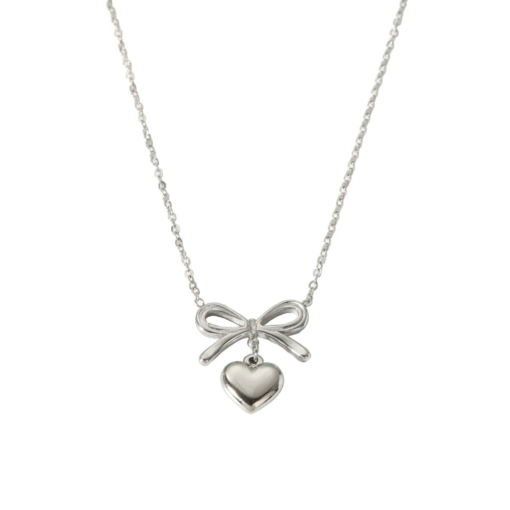 Kawaii Bow Heart Pendant Necklace πβ¨ | Dainty 18K Gold Plated Stainless Steel Jewelry for Women ππ