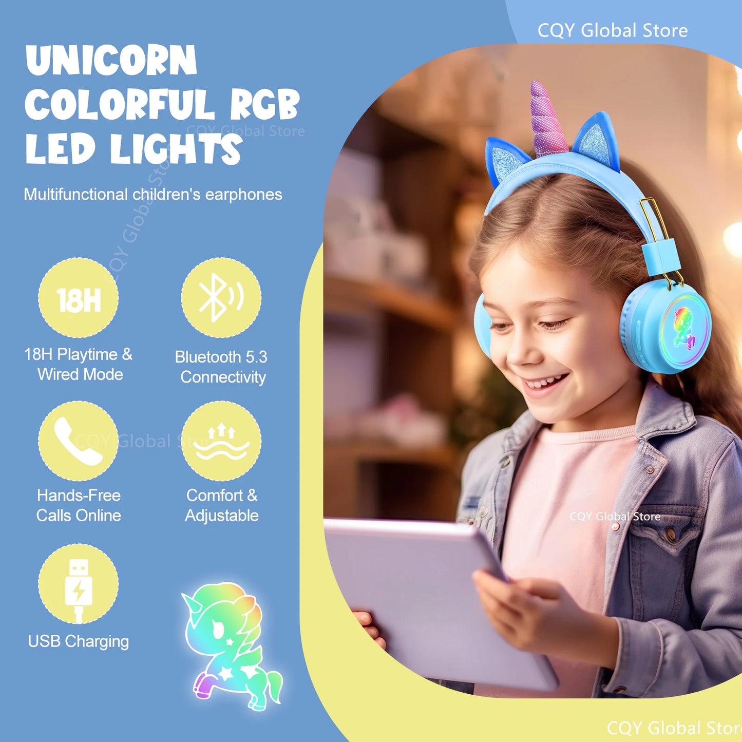 Kawaii Rainbow Unicorn Wireless Headphones π§β¨ - Cute Stereo Earphones for Kids with RGB Lights & Mic, Perfect Gift! π¦π