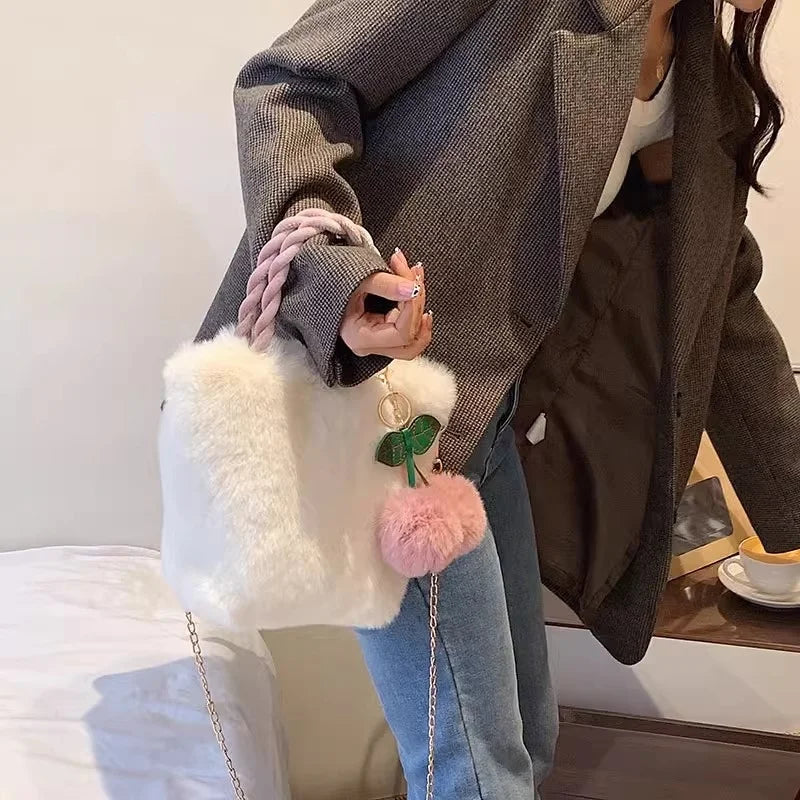 Kawaii Plush Faux Fur Crossbody Bag πΎβ¨ with Pompom Cherry & Fluffy String π - Cute Small Purse for Girls!
