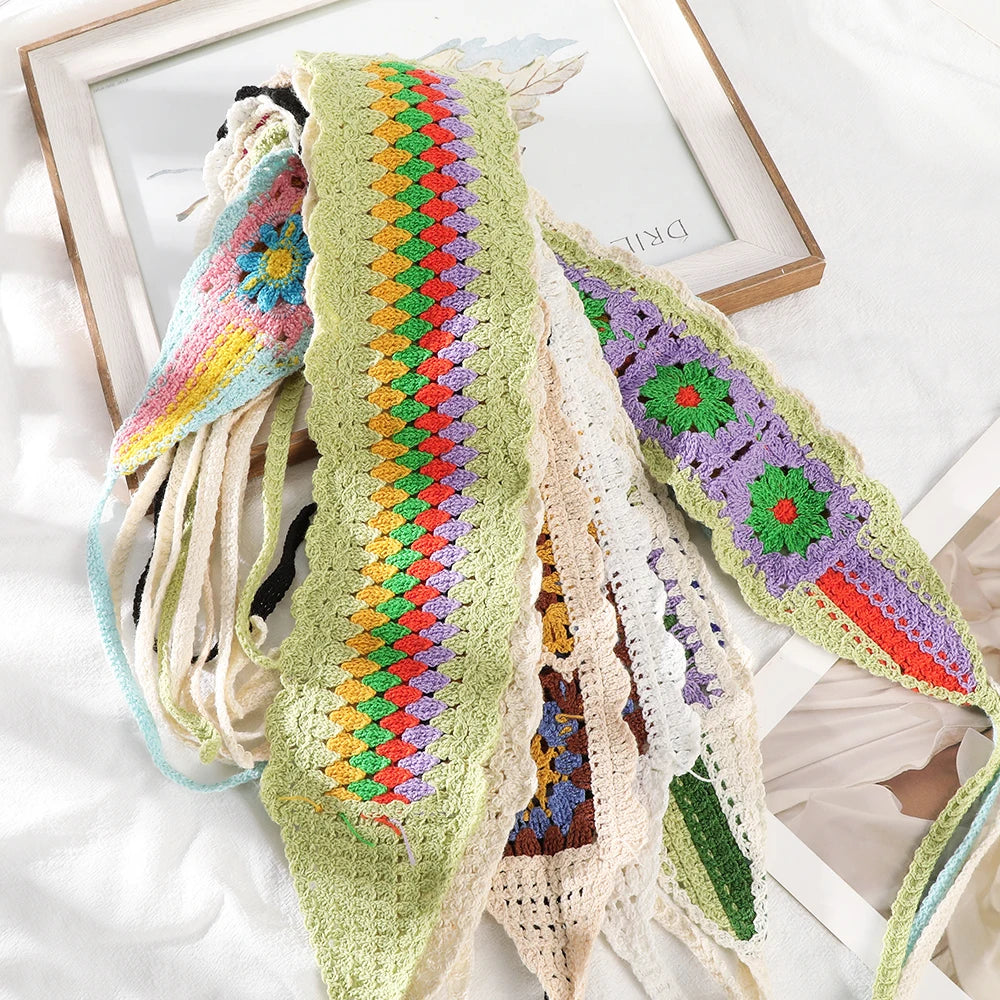 Kawaii Boho Flower Crochet Headband ๐ธโจ Vintage Turban Hair Scarf for Women - Fashionable Accessory for Every Season!