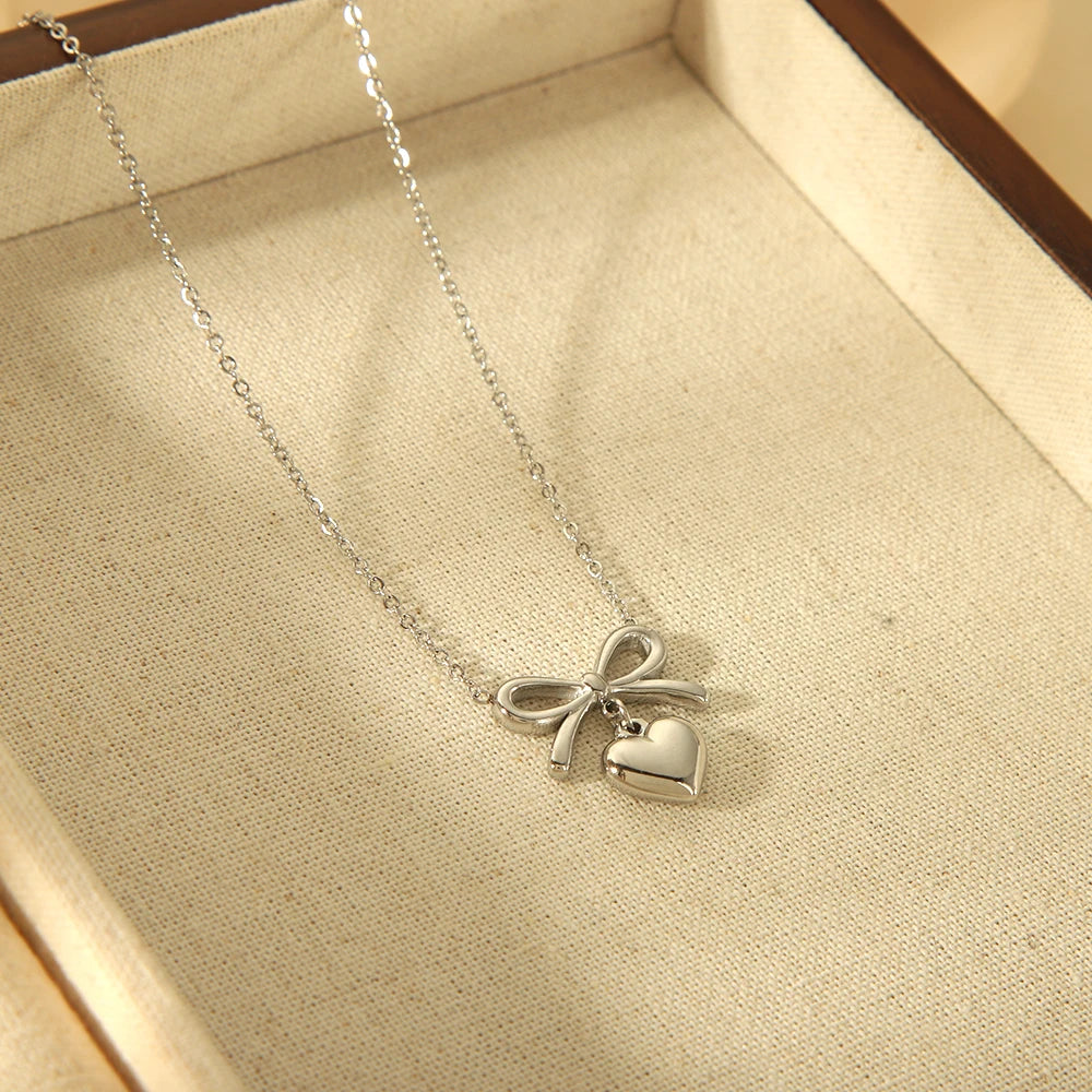 Kawaii Bow Heart Pendant Necklace πβ¨ | Dainty 18K Gold Plated Stainless Steel Jewelry for Women ππ