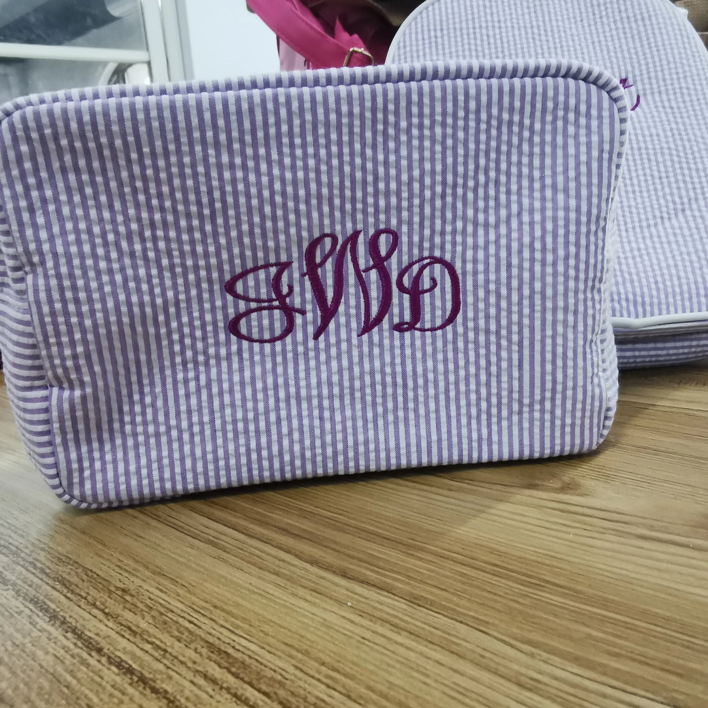 Kawaii Personalized Seersucker Makeup Bag πβ¨ | Custom Embroidered Name | Cute Bridesmaid Gift ππ