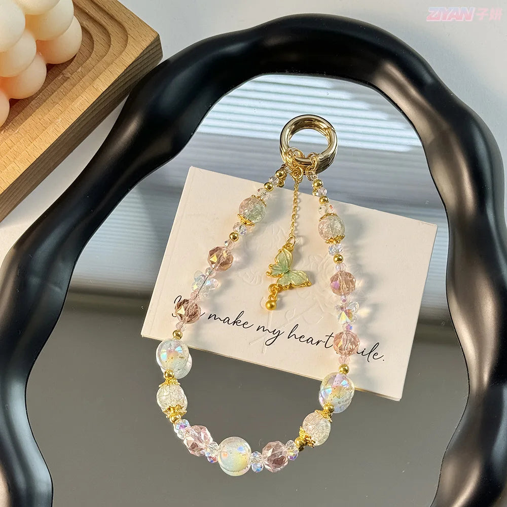 Crystal Phone Chain With Butterfly Pendant, Sweet Gold Bead Wrist Strap 💎🦋