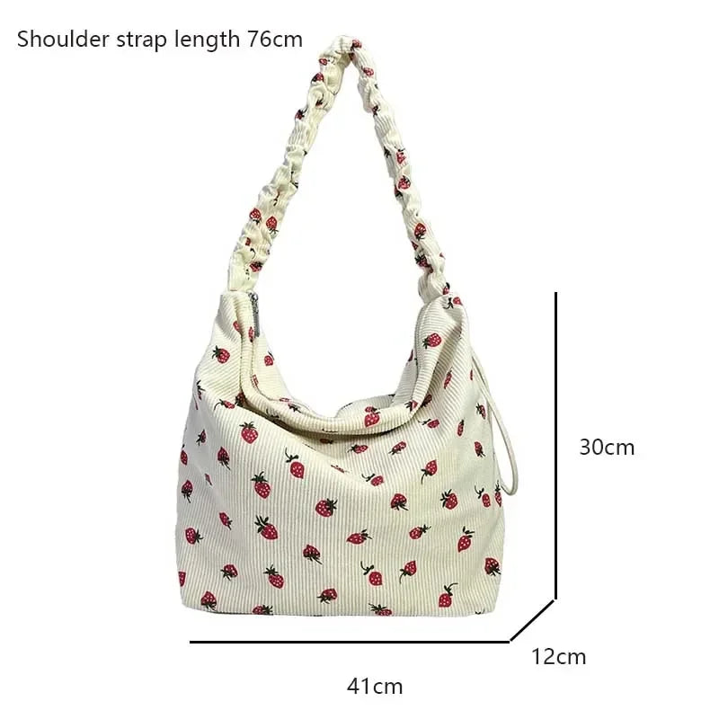 Cute Strawberry Print Corduroy Bucket Bag πβ¨ | Stylish Pleated Crossbody Messenger Handbag for Women π