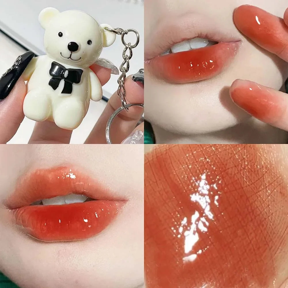 Water Light Mirror Lip Glaze Waterproof Long Lasting Cute Bear Keychain Lip Gloss Silky Smooth Liquid Lipstick Women Lip Makeup