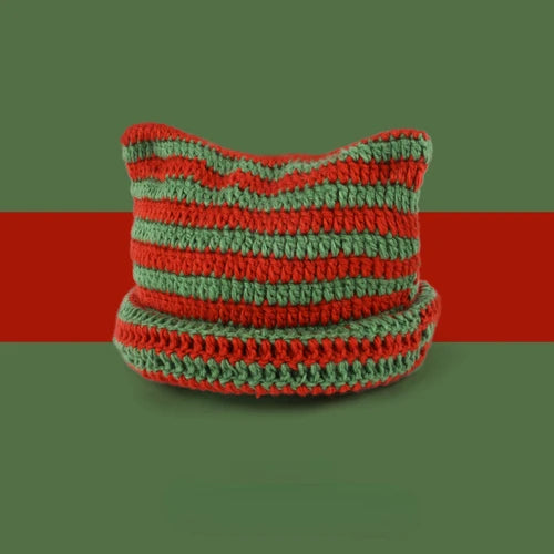 Kawaii Striped Devil Beanie π | Cute Cat Ear Knit Hat for Women πΎ | Cozy Winter Crochet Cap βοΈ