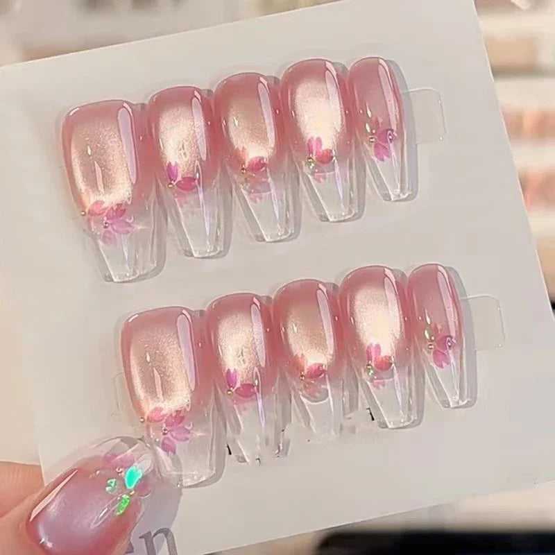 Kawaii Cherry Blossom Cat Eye Coffin Nails πΈβ¨ | 10pcs Handmade Press-On Manicure Set ππ