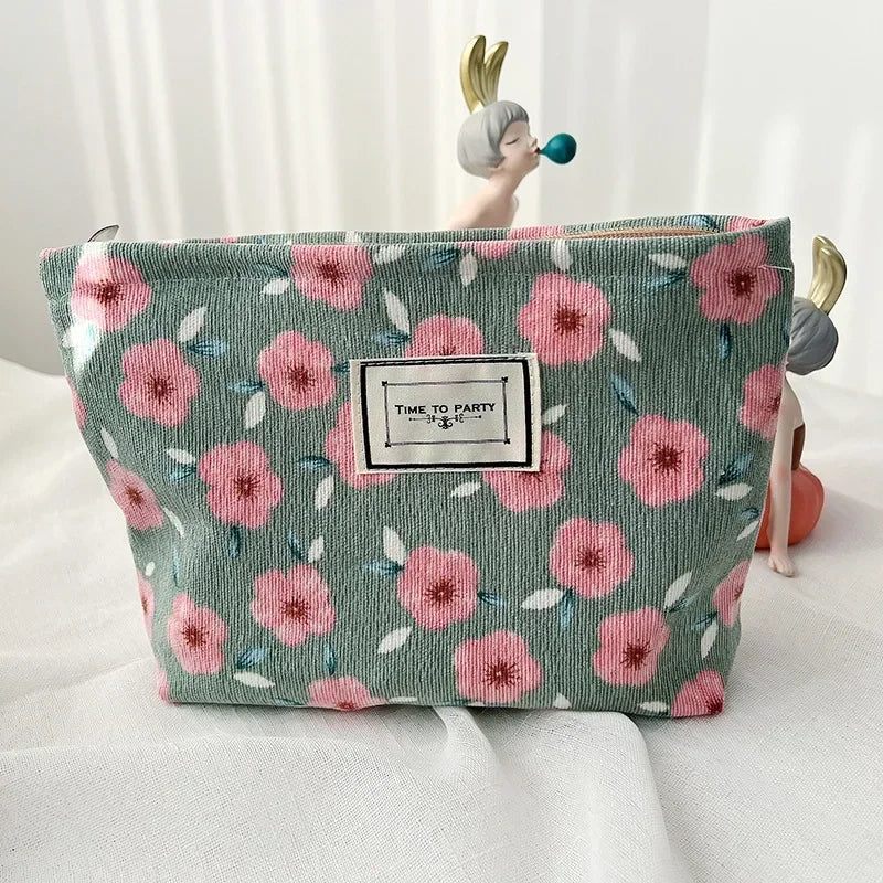 Kawaii Corduroy Floral Makeup Clutch Bag πΈβ¨ | Cute Cosmetic Organizer for Women ππ
