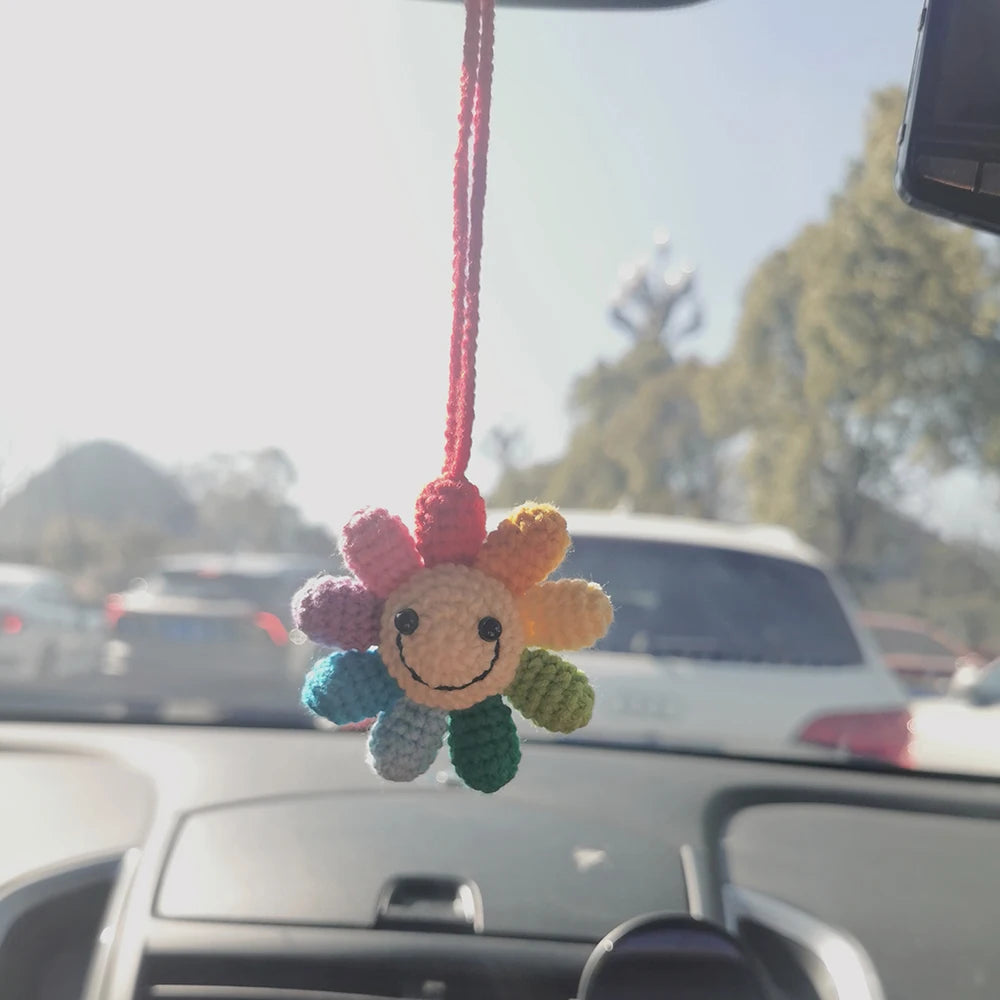 Kawaii Rainbow Flower Waffle Car Mirror Charm ๐ธโจ | Handmade Crochet Decor for Joyful Vibes!
