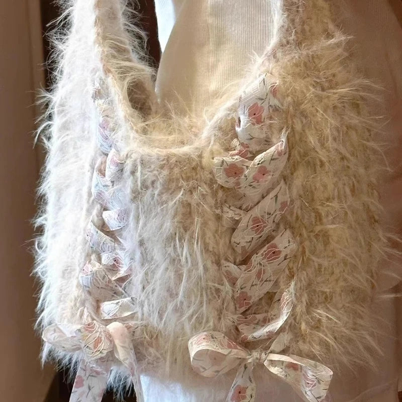 Kawaii Bow & Fluff Faux Fur Shoulder Bag πβ¨ - Y2K Chic Underarm Accessory for Women
