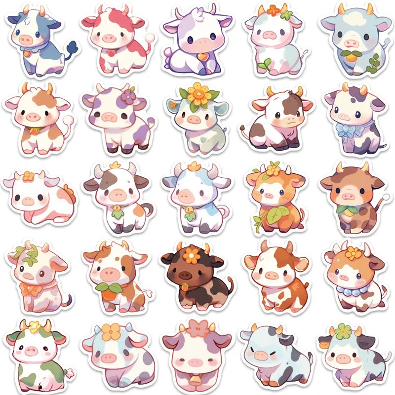 Kawaii Rainbow Cow PVC Stickers 🌈🐮 - 10/30/50PCS Aesthetic Scrapbooking Supplies for Kids! 🎨✨